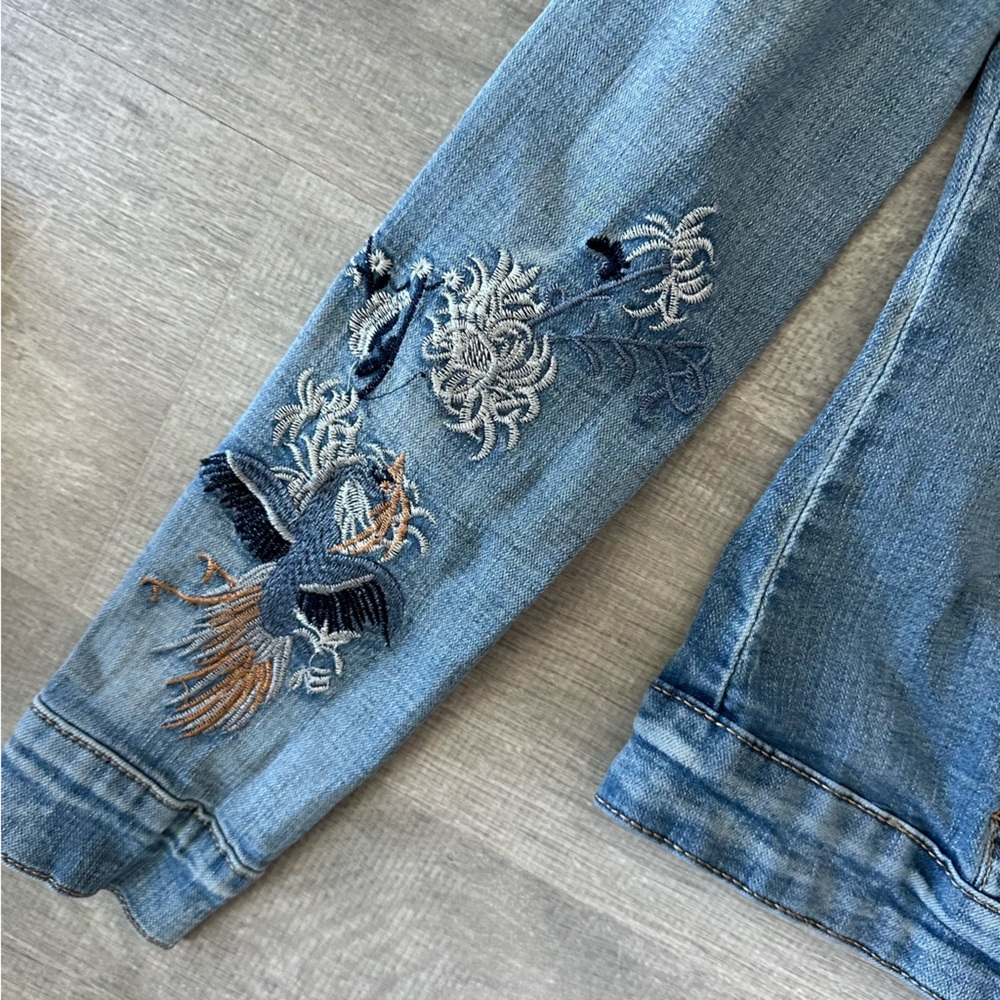 Embroidered denim jacket with floral and bird details and gems by Onado - Picture 4 of 9